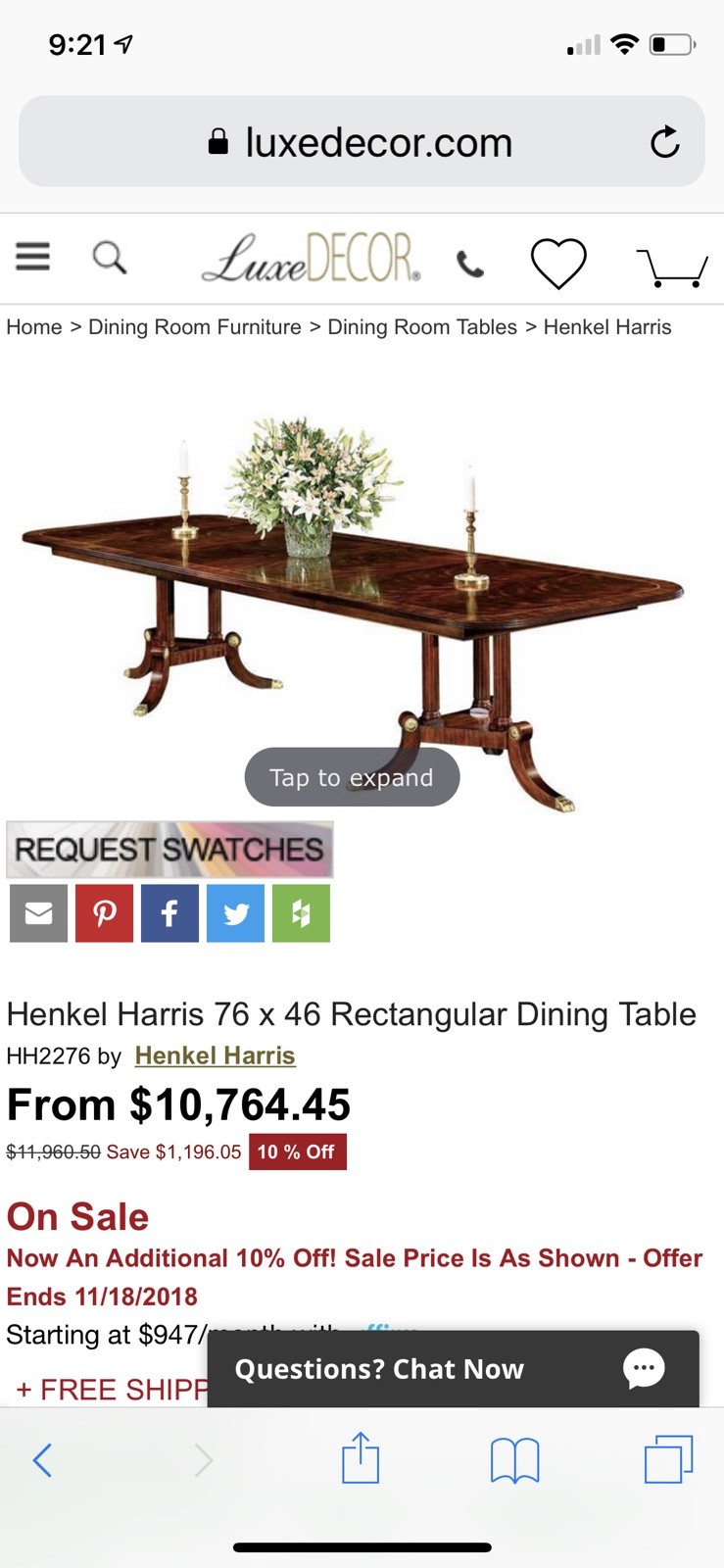 HENKEL HARRIS DINING TABLE # 2276 W/ TWO LEAVES & TABLE PADS & 10 HICKORY CHAIRS