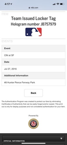 Hunter Pence Game Used Name Plate Giants Fenway Park Red Sox MLB Hologram