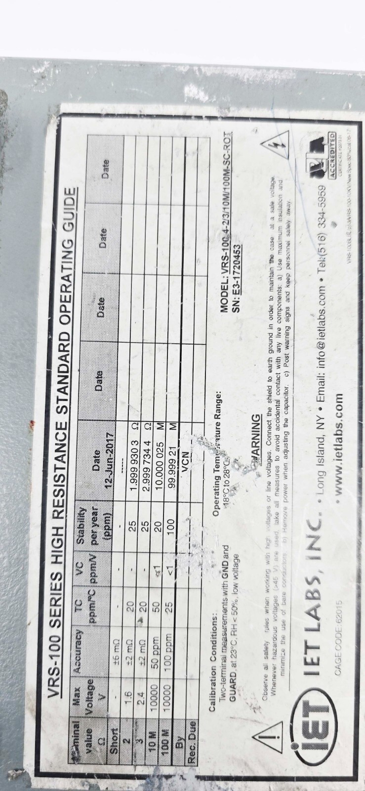 IET VRS-100 SERIES HIGH RESISTANCE STANDARDS VRS-100-4-2