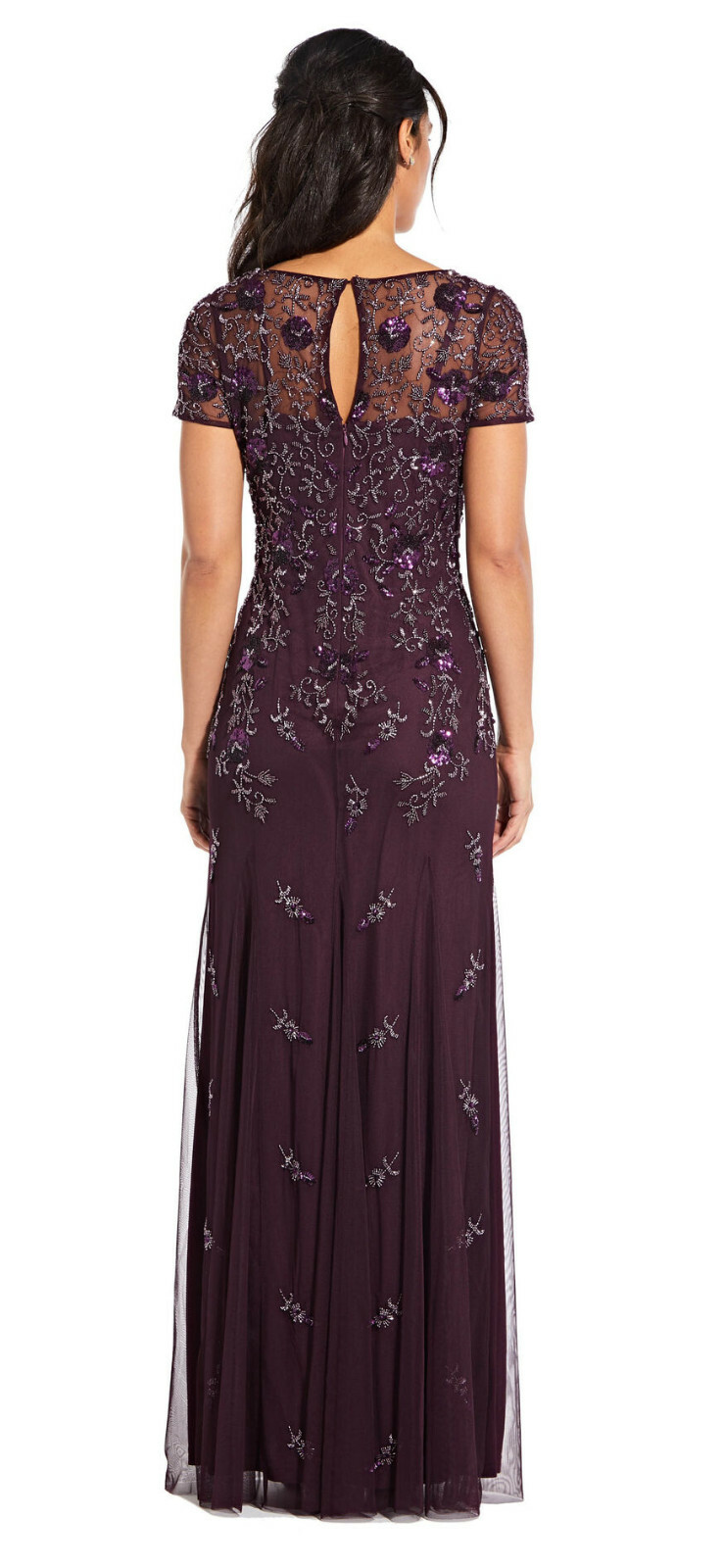 Pre-owned Adrianna Papell Floral Beaded Godet Gown With Sheer Short Sleeves In Night Plum In Purple