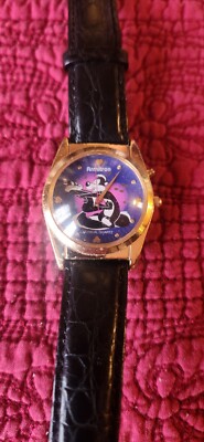 Vtg 1995 Armitron Pepe Le Pew & Penelope Watch Unisex Gold Tone Bk Leather Band 