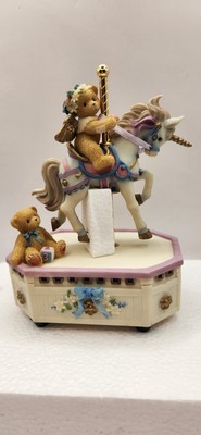 Cherished Teddies Girl Riding Unicorn Carousel Model Plays Minuet No3