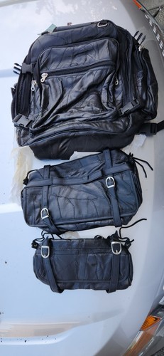 Diamond plate genuine leather Buffalo Backpack - 3 Piece Biker Bag Set