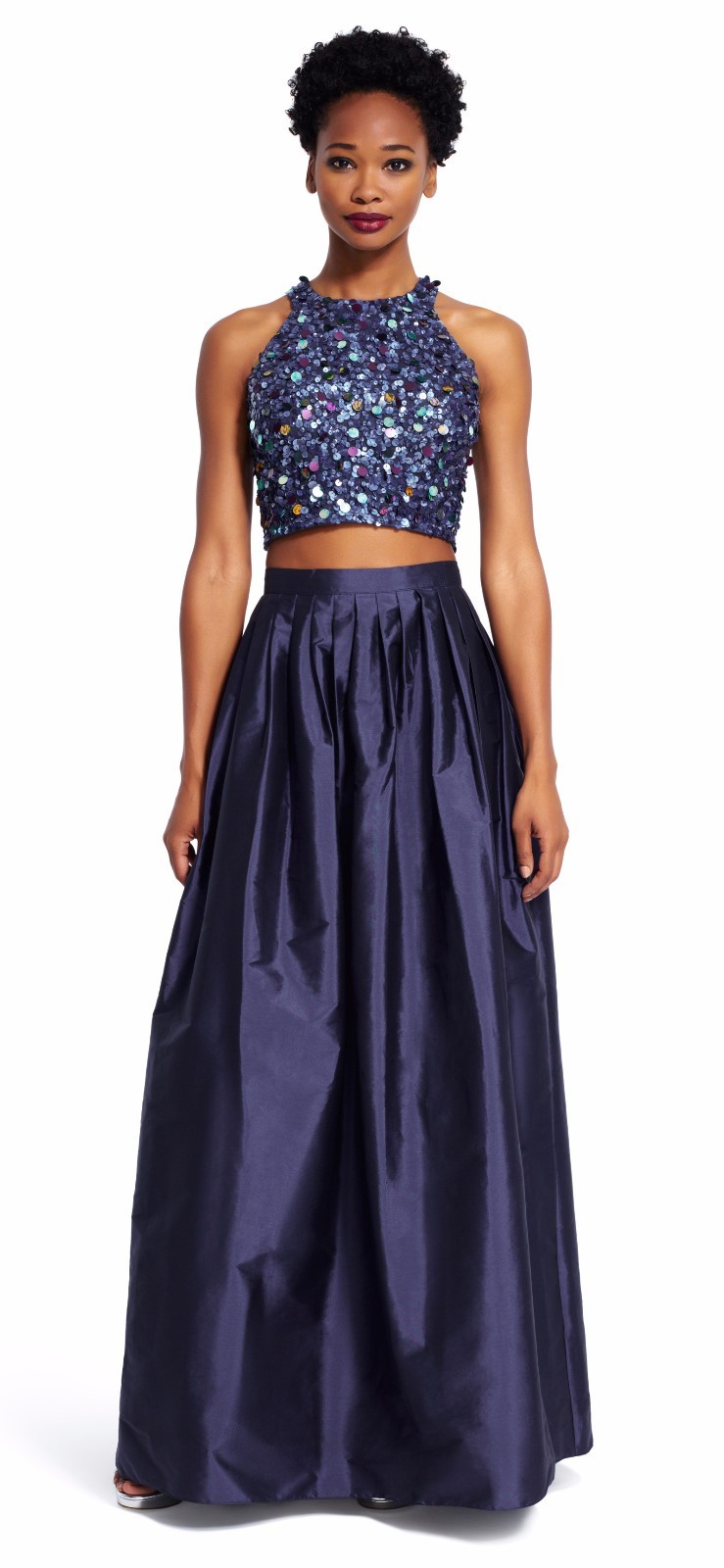 Pre-owned Adrianna Papell Embellished Crop Two-piece Ballgown Twilight Blue Many Sizes