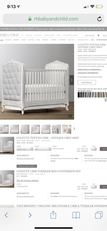 Restoration Hardware Rh Baby Child Colette Tufted Crib Grey