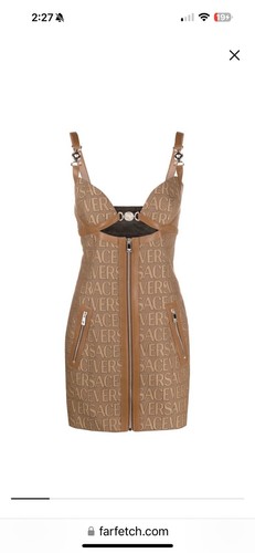 Pre-owned Versace Logo Print Cut Out Monogram Mini Dress Leather Trims It 40 Us 4 $3050 In Brown Tan
