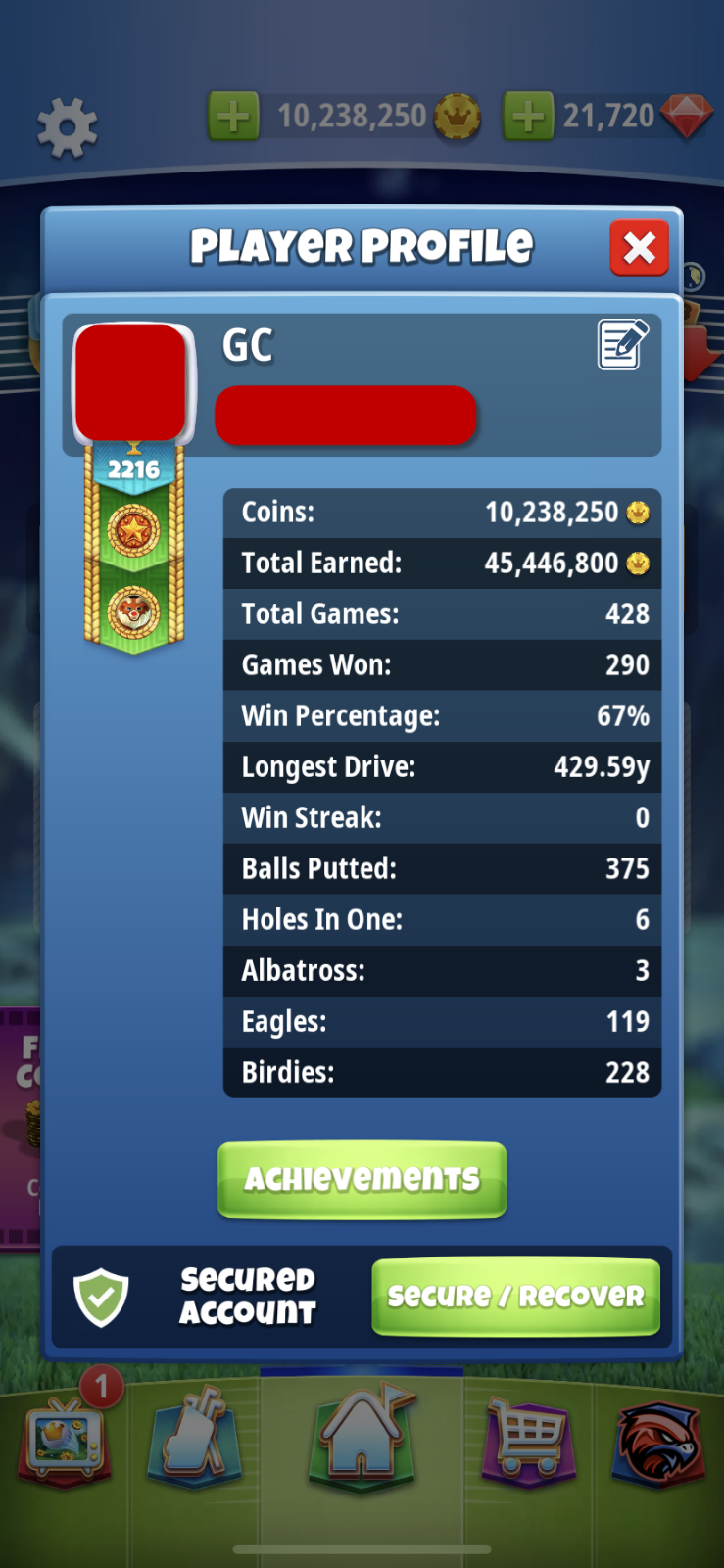 Golf Clash Account,2200+,10+ million coins, 21K+ gems, 1,800+ Balls,GOLD BANNERS