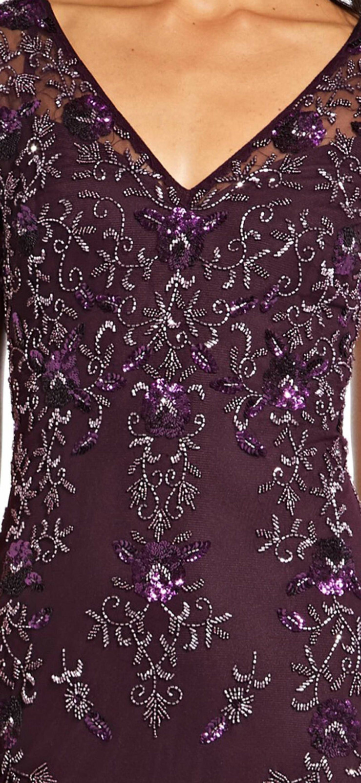 Pre-owned Adrianna Papell Floral Beaded Godet Gown With Sheer Short Sleeves In Night Plum In Purple