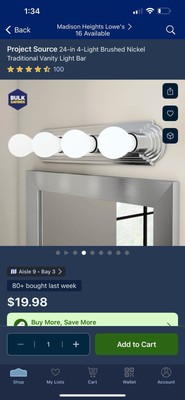 Project Source 4 Light Vanity Bar # 0060409 NEW in BOX  brushed nickel finish