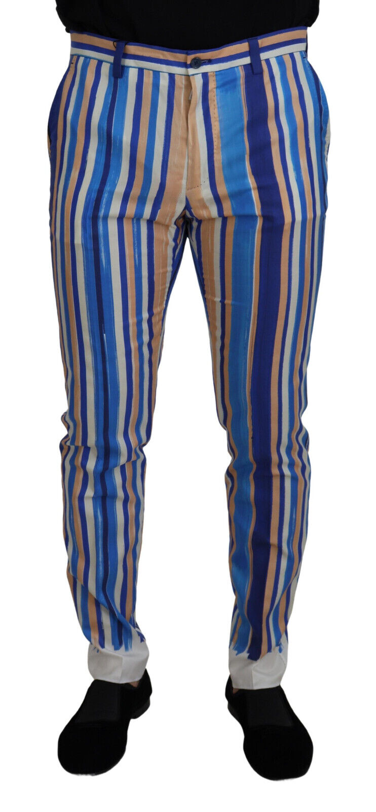 Pre-owned Dolce & Gabbana Pants Blue Striped Silk Cotton Slim Trousers It46 / W32 $1400