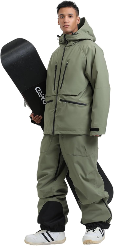 Mens Ski Jacket and Pants Set Baggy Snowboard Suit Ski Snowsuit Snow Bibs Waterproof Hooded
