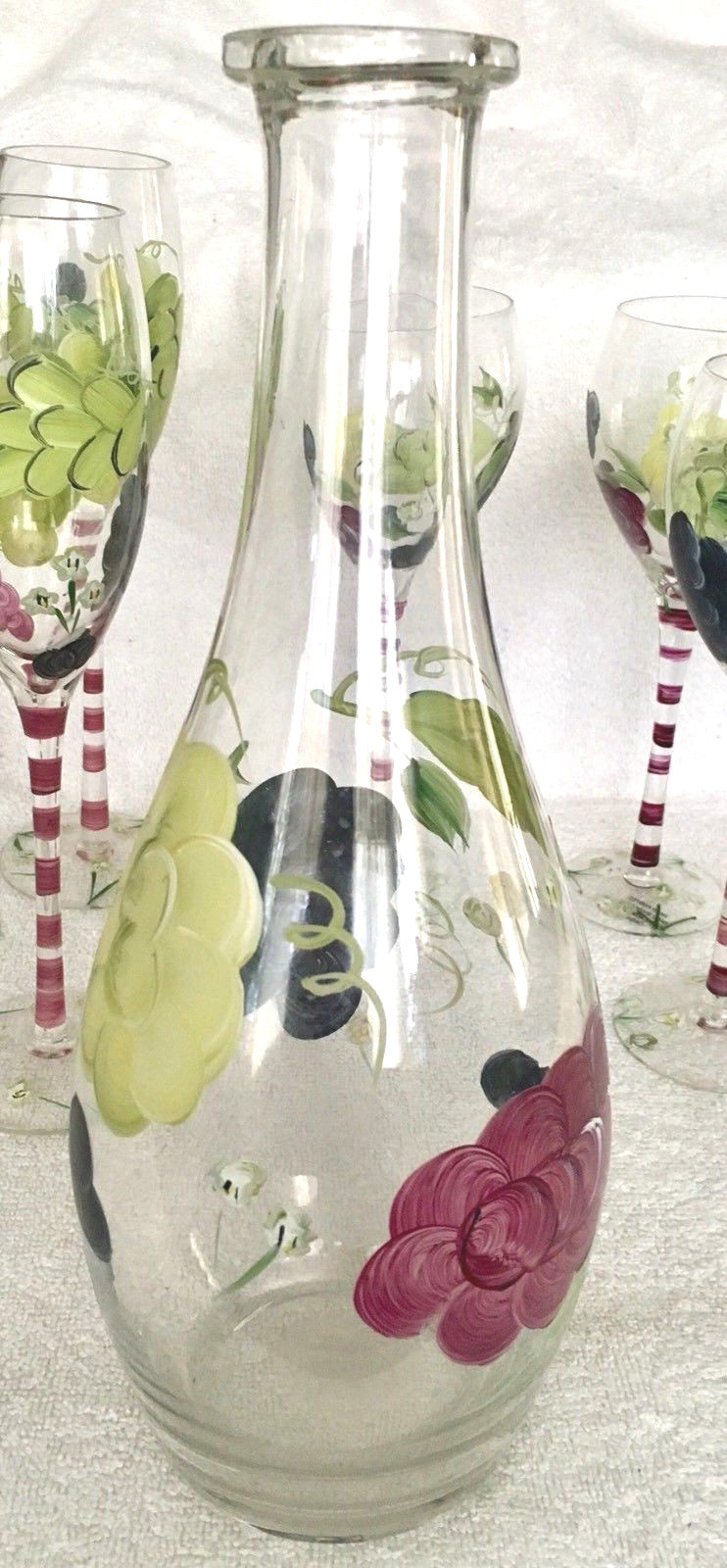 Glass Decanter With 7 Glasses 4 Wine 3 Champagne  Hand Painted Grape Clusters