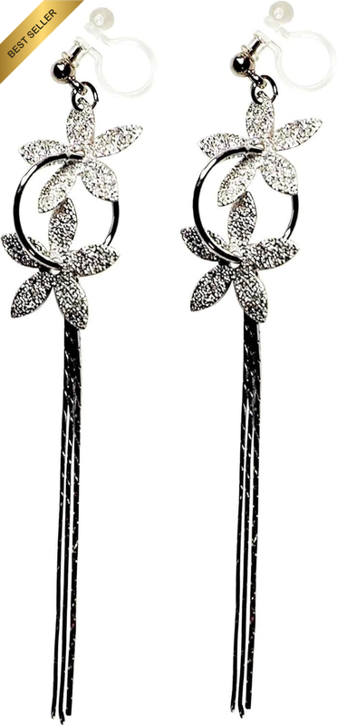 Women’s Dangle Clip On Earrings Silver Flower Long Chain Comfortable Non Pierced