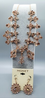 Monet 2pc Rose-Tone Clear & Peach Rhinestone Set: Adjustable Necklace & Earrings