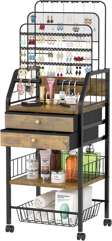 Large Jewelry Holder Organizer with 2 Box Drawer, Metal Earring Stand with 2 Storage Basket, Necklace Bracelet Ring Display Armoire, Black & Brown