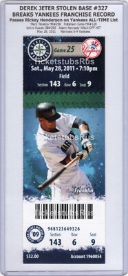 Derek Jeter SB #327 BREAKS YANKEES RECORD 2011 Mariners Yankees 5/28 Full Ticket