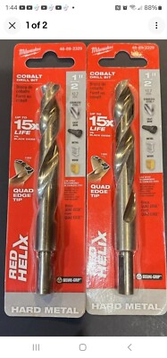 2 New MILWAUKEE 1/2 in. COBALT Red Helix Twist Bit w/ Quad-Edge Tip, 48-89-2329.
