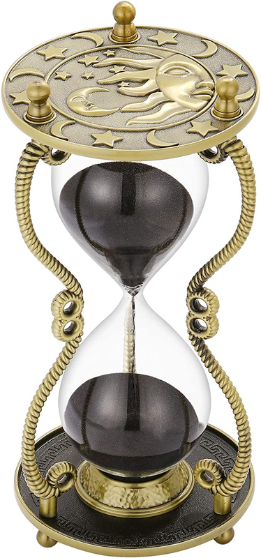 Hourglass Sand Timer 60 Minute:Sun & Moon Engraving Brass Sand Clock, Metal Blac