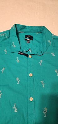 George Mens Slim Fit Button Up Shirt Teal Turquoise Green Pink Flamingo 2XL XXL