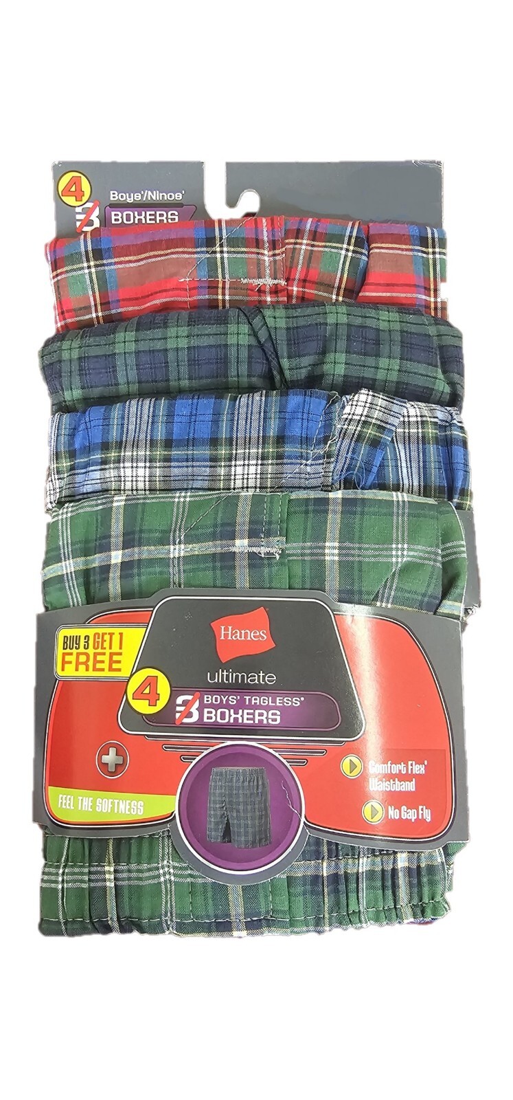 Hanes Big Boy's Ultimate Tagless Cotton Blend Tartan Plaid Boxer Shorts 4-Pack
