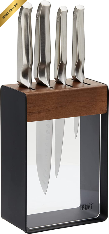 5PCS Pro Knife Set with Walnut Block, Stainless Steel Blades Ergonomic Handles