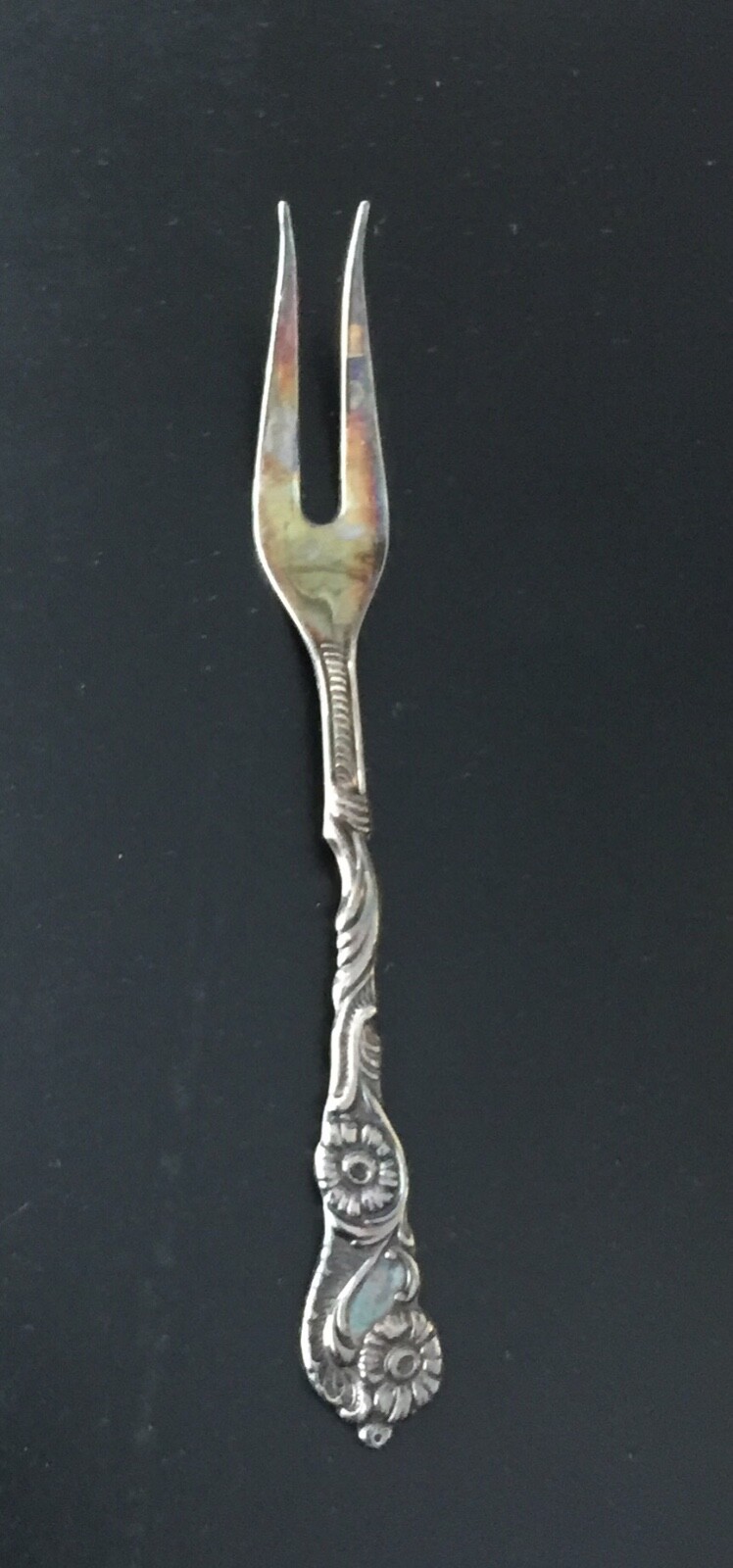 VINTAGE SWEDEN FLORAL SWIRL FLOWER SILVER PLATE COCKTAIL PICKLE FORK Swedish