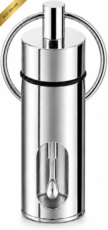 Premium Silver Seasoning Holder Bottle with Built-In Mini Spoon, Compact Metal S