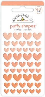 Doodlebug Self-Adhesive Stickers Puffy Heart Shapes 3 Sizes Orange Coral