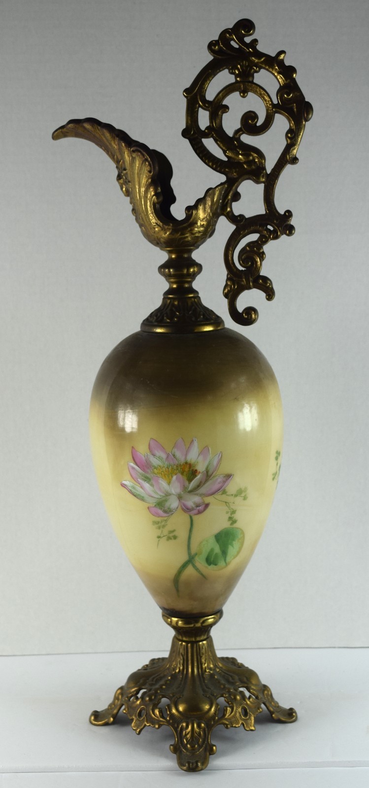 Vintage Victorian Ewer Urn Floral Pattern Hand Painted Brass Base / Top Cl-02