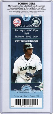 ICHIRO GIRL Griffey Cap Night 7/8/2010 Yankees Mariners Full Ticket RIVERA SAVE