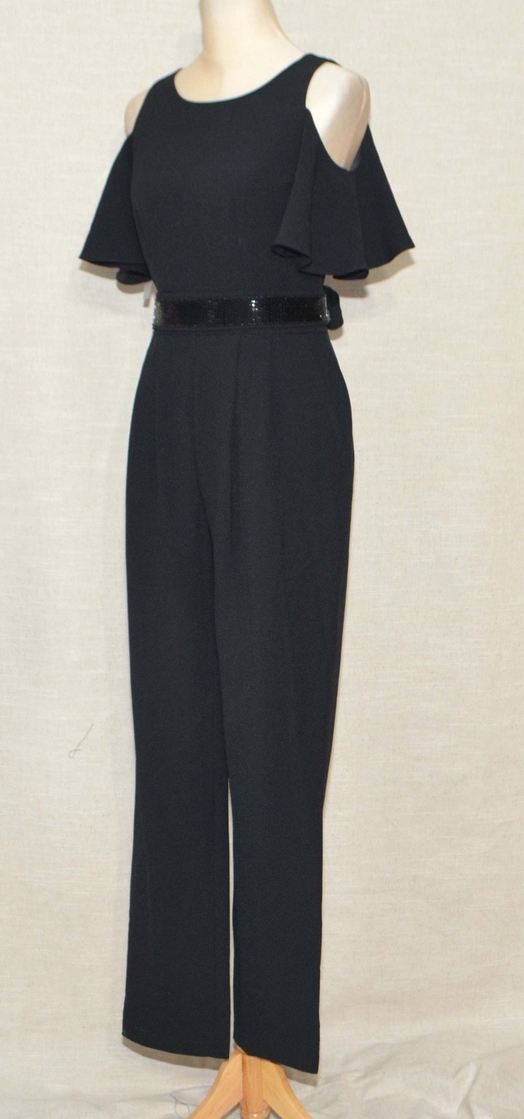 Eliza J Cold Shoulder Jumpsuit 4 Black Crepe Flare short Sleeve Two Sash Pockts