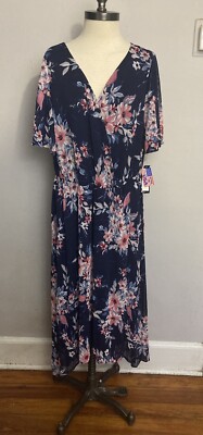 R&M Richard s Blue dress Floral Long Textured 20w NWT
