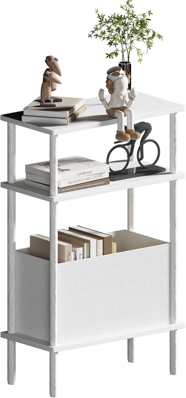 Narrow Side Table with Fabric Basket, End Table for Small Spaces, Slim Nightstan