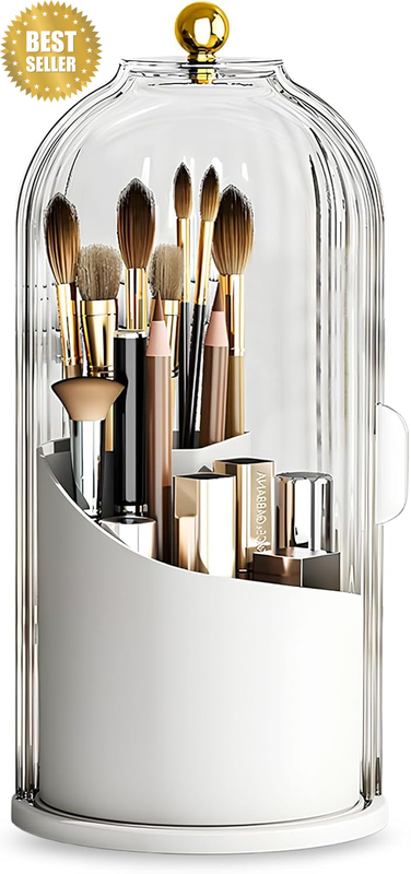 Makeup Brush Holder 360 Rotating Organizer with Clear Lid，Sliding Opening Dustpr