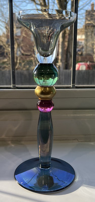 Krosno Poland Art Glass 4 Ball Stem Multi Coloured Candle Holder-Iridescent Base