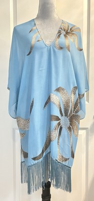 Womens Beachy Poncho Boxy Lightweight Cover Up Top Coastal Fringe Hem Blue OS