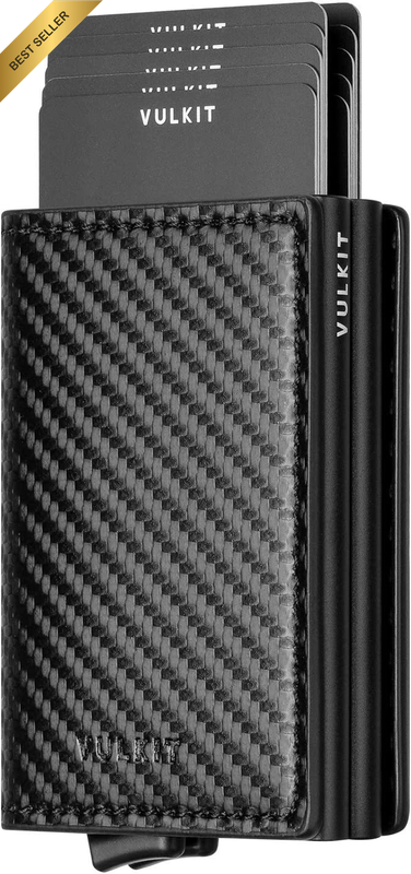 Pop Up Slim Wallet RFID Leather Card Holder Double Case Carbon Black