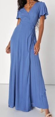 Lulus Medium Maxi True Wrap Dress Blue Flutter Sleeve Lined Romantic NWT