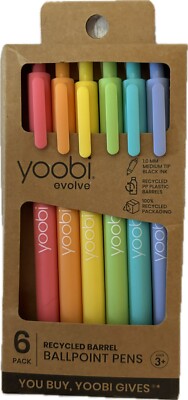 New Yoobi Evolve 6 Pack 1.0mm Medium Tip Black Ink Ballpoint Pens Multi Color