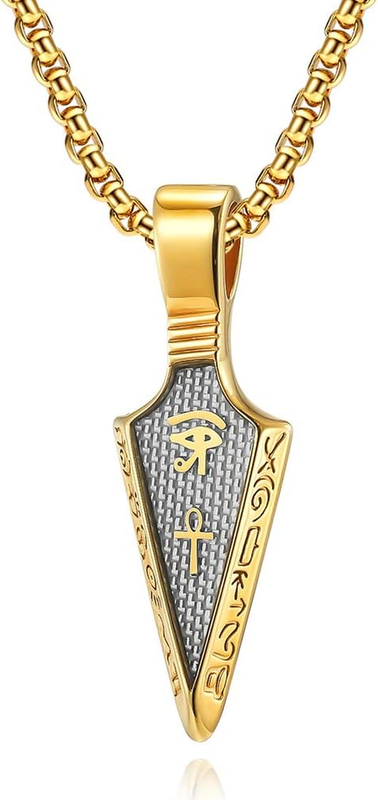 Men Stainless Steel Arrowhead Necklace Eye of Horus Ankh Cross Pendant Egypt Amu