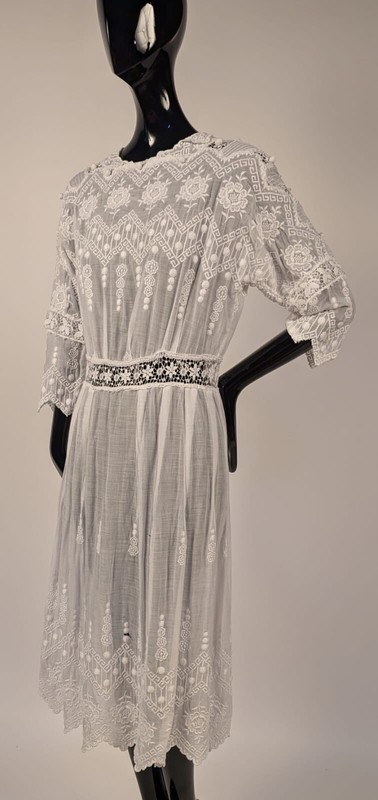 EDWARDIAN WHITE TEA DRESS W DENSE GEOMETRIC + FLORAL EMBROIDERY
