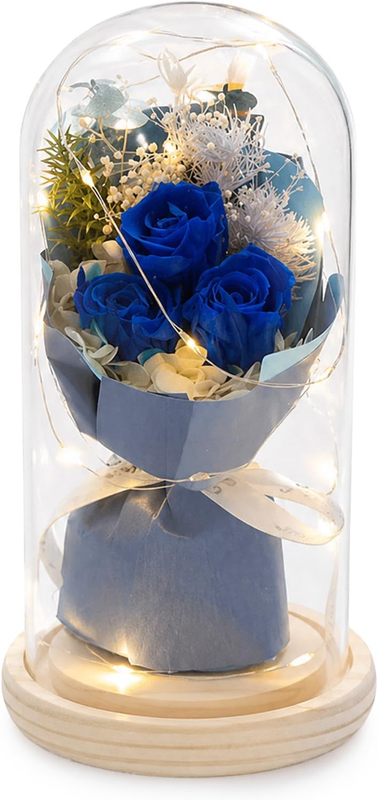 Preserved Flowers for Her Preserved Rose Bouquet in Glass Dome LED Light Romanti