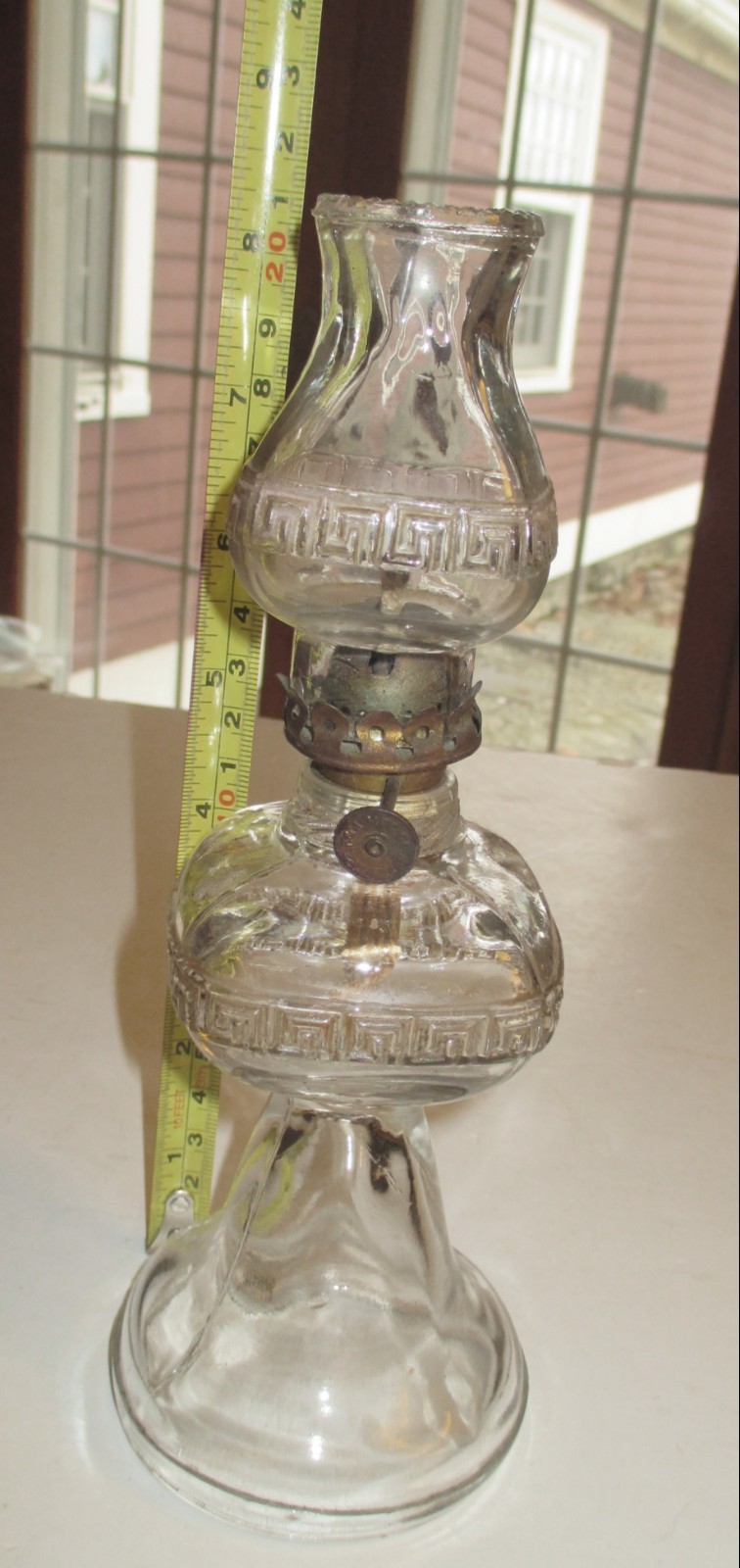 1910 Mini Kerosene Lamp & Matching Chimney Greek Key Pattern Acorn Burner 8”T