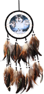 Dream Catchers, Handmade Feather Beaded Dreamcatcher Three Headed Wolves Craft A