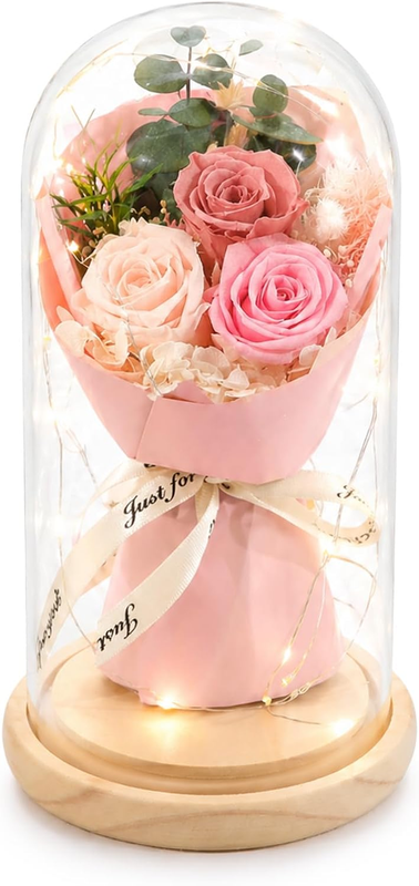 Preserved Flowers for Her Preserved Rose Bouquet in Glass Dome LED Light Romanti