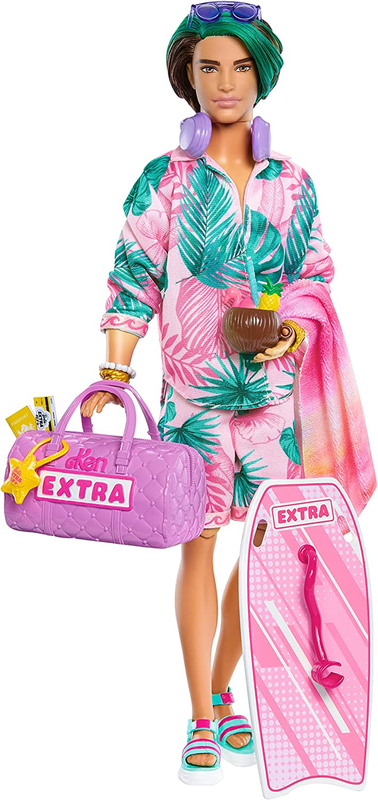 Barbie Extra Fly Ken Doll with Beach-Themed Travel Clothes & Accessories, Tropic