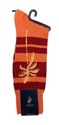 Punto Men Dress Socks Orange Red Stripe Cotton  Nylon Blend Palm Tree  Italy NWT