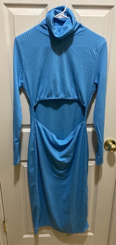 pretty little thing blue bodycon dress New Pretty Little Thing Aqua Blue Bodycon Dress Cut Out Midi Long Sleeve  Size 12