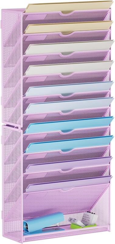 Wall File Holder 11-Tier Hanging Wall File Organizer, for Papers, Files Clipboard & Magazine Organizer, Wall Mount File Holder Great for Office Home (Purple)