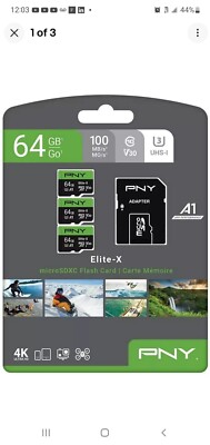 PNY 64GB Elite-X Class 10 U3 V30 microSDXC Flash Memory Card 3 Pack 100MB/s NEW